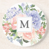 Monogrammierte Wasserfarbe Blau Rosa Frühlingsflor Getränkeuntersetzer (Vorne)