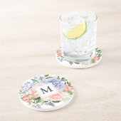 Monogrammierte Wasserfarbe Blau Rosa Frühlingsflor Getränkeuntersetzer (Seite)