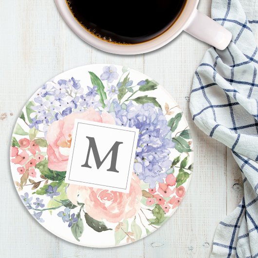 Monogrammierte Wasserfarbe Blau Rosa Frühlingsflor Getränkeuntersetzer