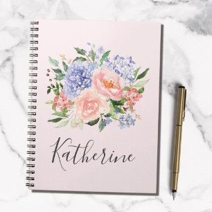 Monogrammierte Wasserfarbe Blau Rosa Frühlingsflor Notizblock
