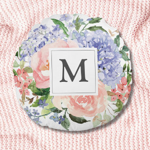 Monogrammierte Wasserfarbe Blau Rosa Frühlingsflor Rundes Kissen