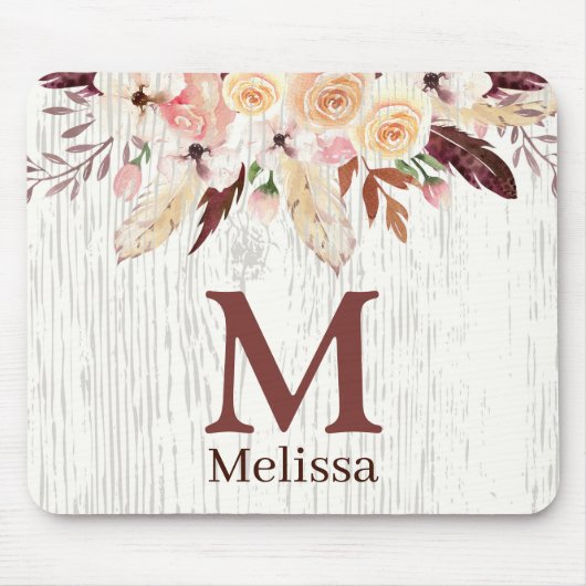 Monogrammierte Wasserfarben-Blumen auf rustikalem Mousepad (Vorne)