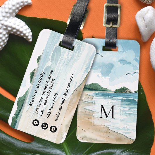 Monogrammierte Wasserfarben Tropischer Sandstrand Gepäckanhänger
