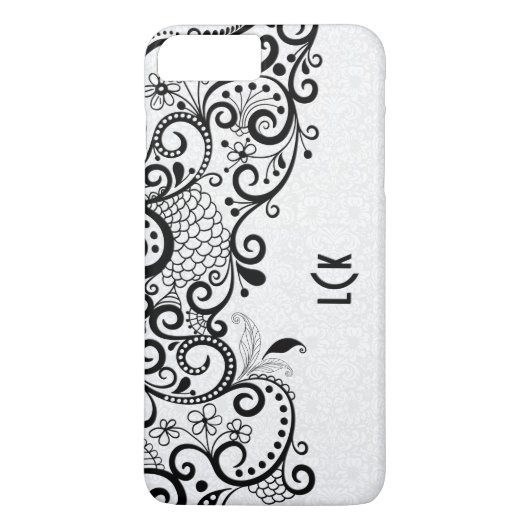 Monogrammierte Weiß- und Schwarz-Blütenlace & Dama Case-Mate iPhone Hülle (Rückseite)