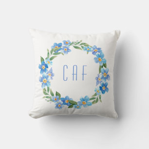 Monogrammierter blauer gelber Blumenkranz Kissen