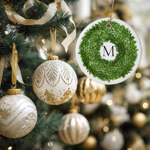 Monogrammierter Buchsbaum-Kranz Weihnachten Keramik Ornament