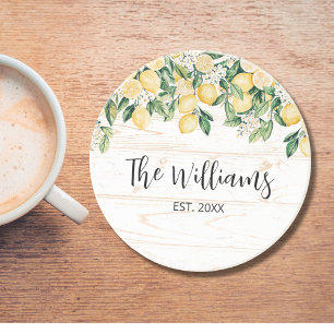 Monogrammierter gelber Zitronenbaum weißes Holz Getränkeuntersetzer