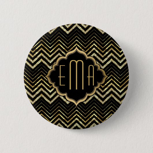 Monogrammierter Gold Glitzer & Zigzag Zickzack Mus Button (Vorderseite)