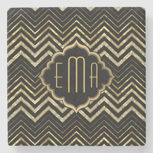 Monogrammierter Gold Glitzer & Zigzag Zickzack Mus Steinuntersetzer (Vorderseite)