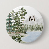 Monogrammierter grüner Kiefernwald und See Button (Vorderseite)