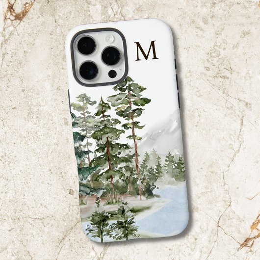 Monogrammierter grüner Kiefernwald und See Case-Mate iPhone Hülle
