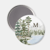 Monogrammierter grüner Kiefernwald und See Magnet (Vorderseite/Rückseite)