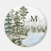 Monogrammierter grüner Kiefernwald und See Magnet (Vorne)