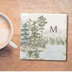 Monogrammierter grüner Kiefernwald und See Steinuntersetzer