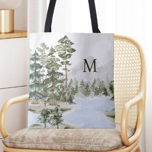 Monogrammierter grüner Kiefernwald und See Tasche