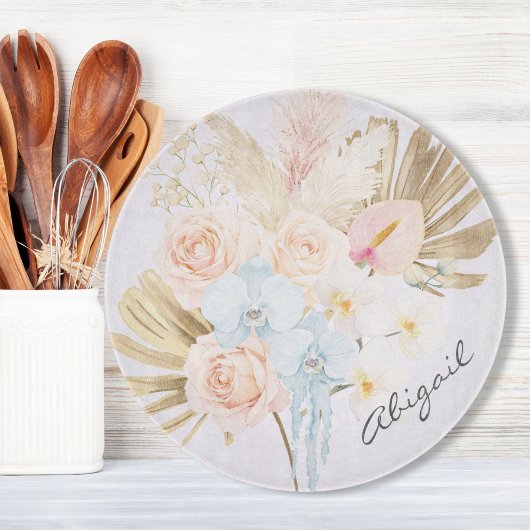 Monogrammierter hübscher tropischer Blumenstrauß F Schneidebrett