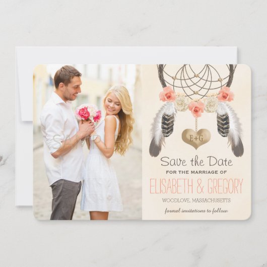 MONOGRAMMIERTER KORALLEN-MINT-TRAUMFÄNGER SAVE THE DATE (Vorderseite)