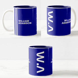 Monogrammierter Name für ihn   Modern Blau Weiß Zweifarbige Tasse