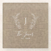 Monogrammierter Name personalisierter rustikaler E Glasuntersetzer (Vorderseite)