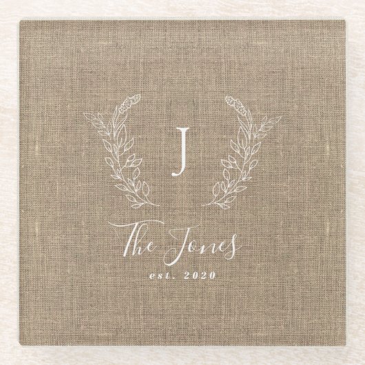 Monogrammierter Name personalisierter rustikaler E Glasuntersetzer (Vorderseite)