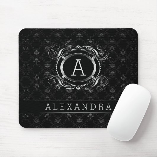 Monogrammierter Schwarz- und Silbergrau-Barockrahm Mousepad (Mit Mouse)