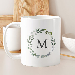 Monogrammierter Wasserfarben-Salbei-grüner-Blätter Kaffeetasse