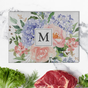 Monogrammiertes Aquarell Blau Rosa Frühlingsfloral Schneidebrett