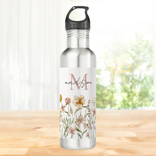 Monogrammiertes Aquarell-Wildblumenwiesen-Blumenmu Edelstahlflasche