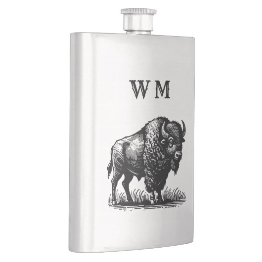 Monogrammiertes Bison Buffalo auf Stahlkolben Flachmann (Rechts)