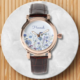 Monogrammiertes blaues Aquarell-Wildblumenwiese Armbanduhr