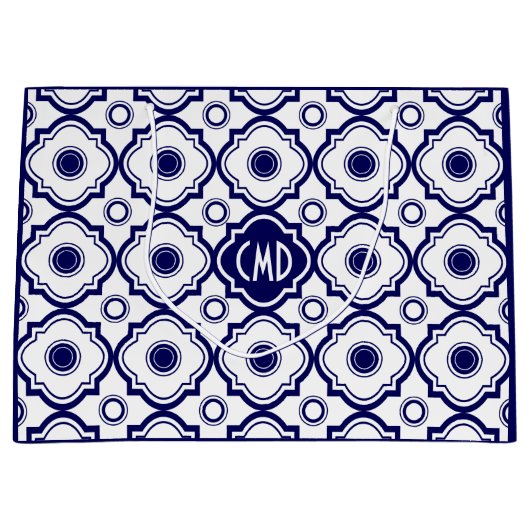Monogrammiertes blaues und weißes Quatrefolienmust Große Geschenktüte (Vorderseite)