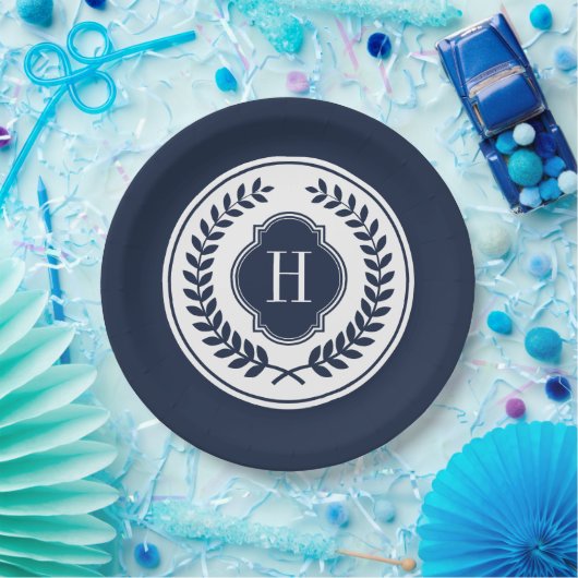 Monogrammiertes blaues und weißes Wappen Pappteller (Party)