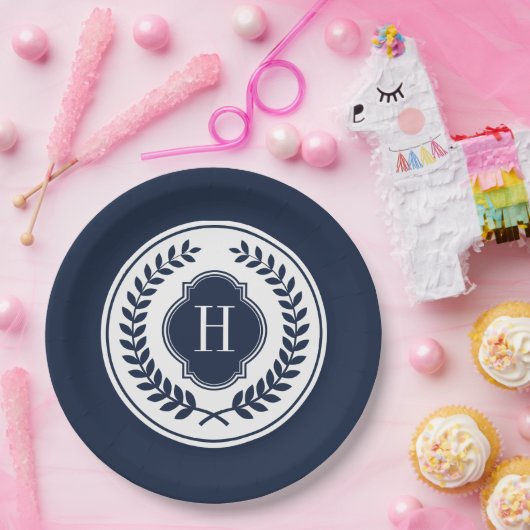 Monogrammiertes blaues und weißes Wappen Pappteller (Party)