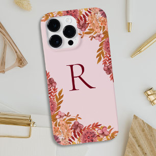 Monogrammiertes Gold-Burgunder-Herbstblumenmuster Case-Mate iPhone 14 Pro Max Hülle