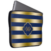 Monogrammiertes Gold Tones & Dak Blue Stripes Must Laptopschutzhülle (Vorne Rechts)