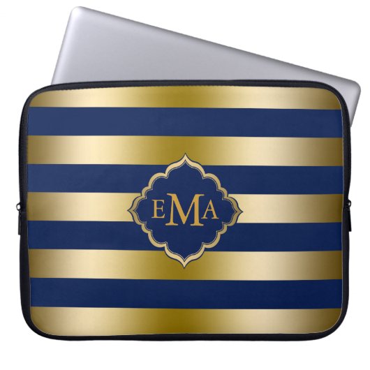 Monogrammiertes Gold Tones & Dak Blue Stripes Must Laptopschutzhülle (Vorderseite)