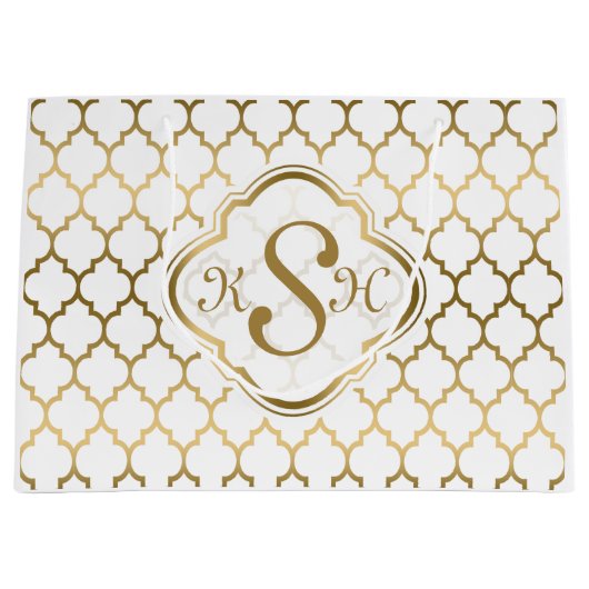 Monogrammiertes Gold & White Quatrefolienmuster Große Geschenktüte (Vorderseite)