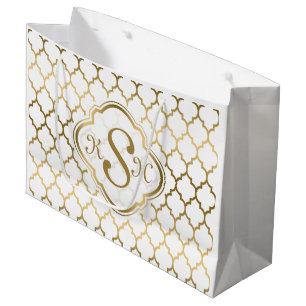 Monogrammiertes Gold & White Quatrefolienmuster Große Geschenktüte