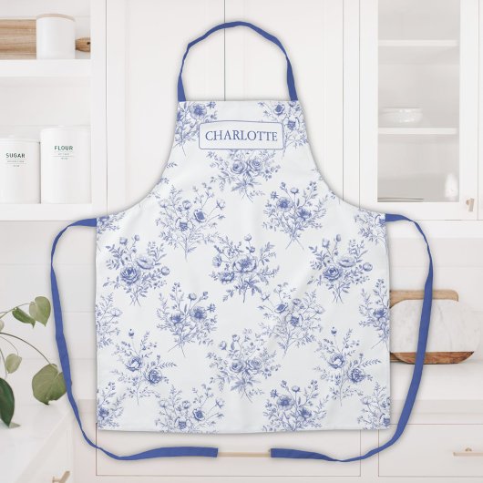 Monogrammiertes Klassisch Blaues Blumenmuster Schürze