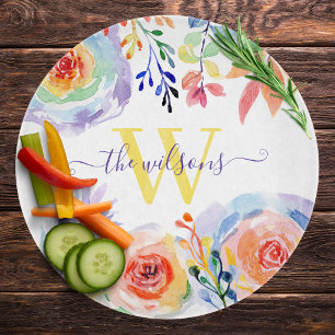 Monogrammiertes Regenbogen-Blumen-Schneidbrett Schneidebrett