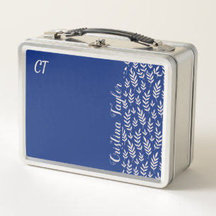 monogrammiertes Rosa-Blattmuster auf Blau Metall Brotdose