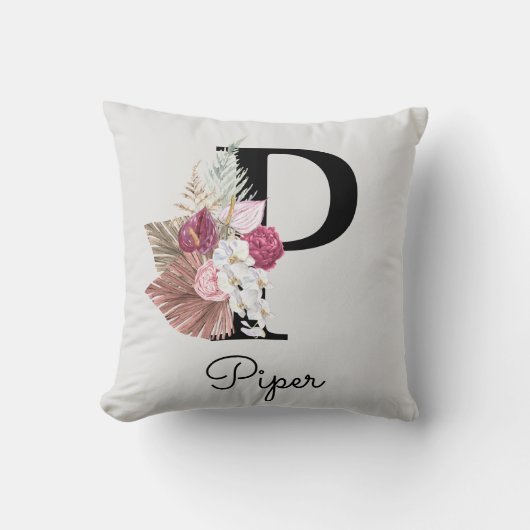 Monogrammiertes rosa Boho-Blumeninitial P Kissen (Vorderseite)
