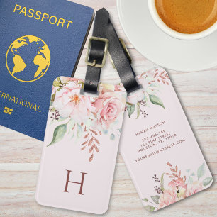 Monogrammiertes rosa Rosen- und Pfingstrosen-Blume Gepäckanhänger