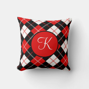 Monogrammiertes Rot-Schwarz-Weiß-Argyle-Karo Kissen