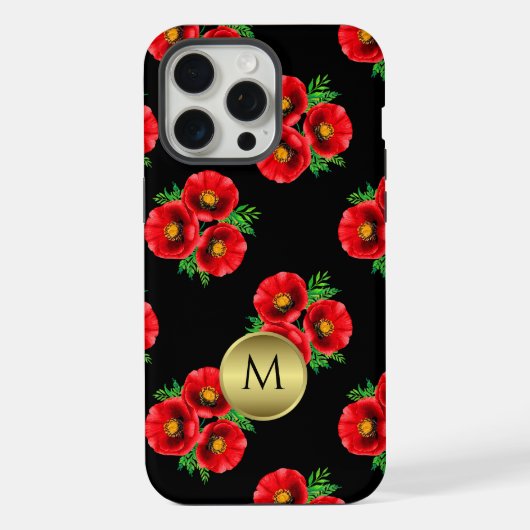 Monogrammiertes Schwarz-Rot-Mohn-Blumenmuster iPhone Hülle (Rückseite)