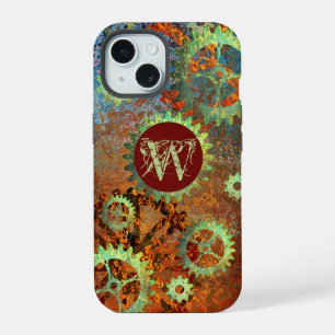 Monogrammiertes Steampunk-Industrie-Rostiges Zahnr iPhone 15 Hülle