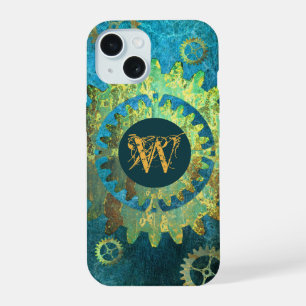 Monogrammiertes Steampunk Verdigris-Rostiges Zahnr iPhone 15 Hülle