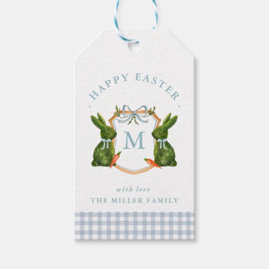 Monogrammiertes Wappen-Topiary-Kaninchen Ostern Geschenkanhänger (Vorderseite)