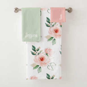 Monogrammiertes Wasserfarben-Rosen-Handtuch-Set Badhandtuch Set