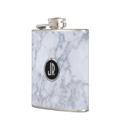 Monogrammiertes weißes Marmorsteinmuster & Silber Flachmann (Links)